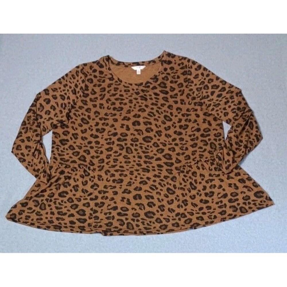 Terra Sky Ruched Long Sleeve Babydoll Flare Peplum Tunic Blouse 1X Cheetah Print
